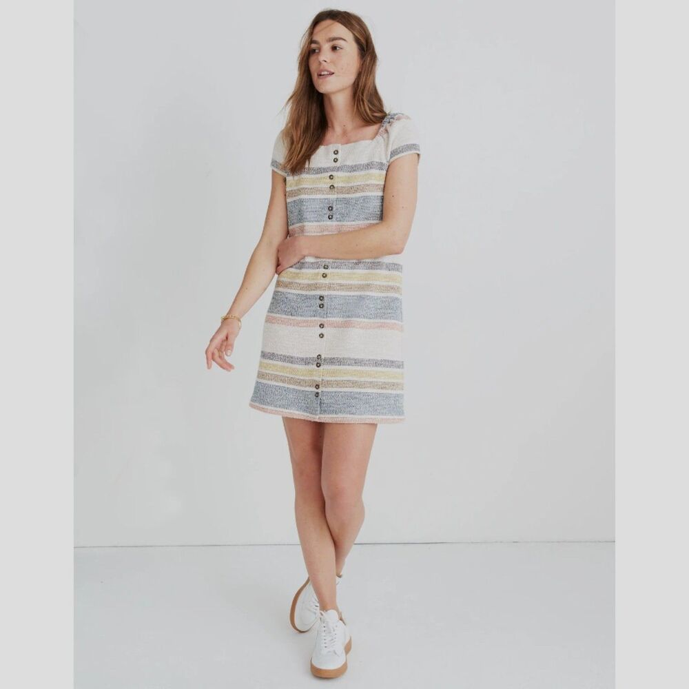 Madewell Texture & Thread Dress Cap Sleeve Striped Button Front Sheath Women L